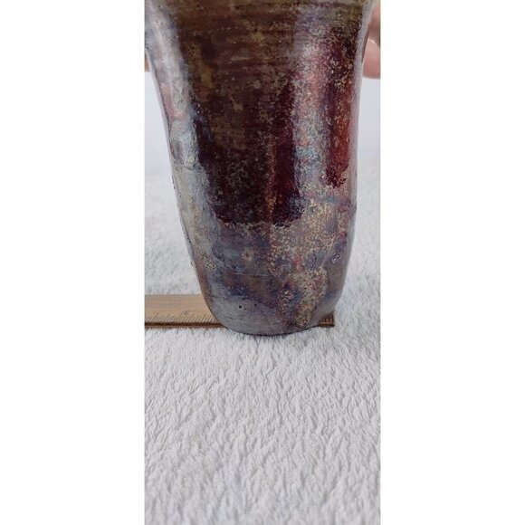 Raku Art Vase Brown Iridescent Tones Textured Rustic Tumbler Thrown Pottery 5.5" - Picture 12 of 15